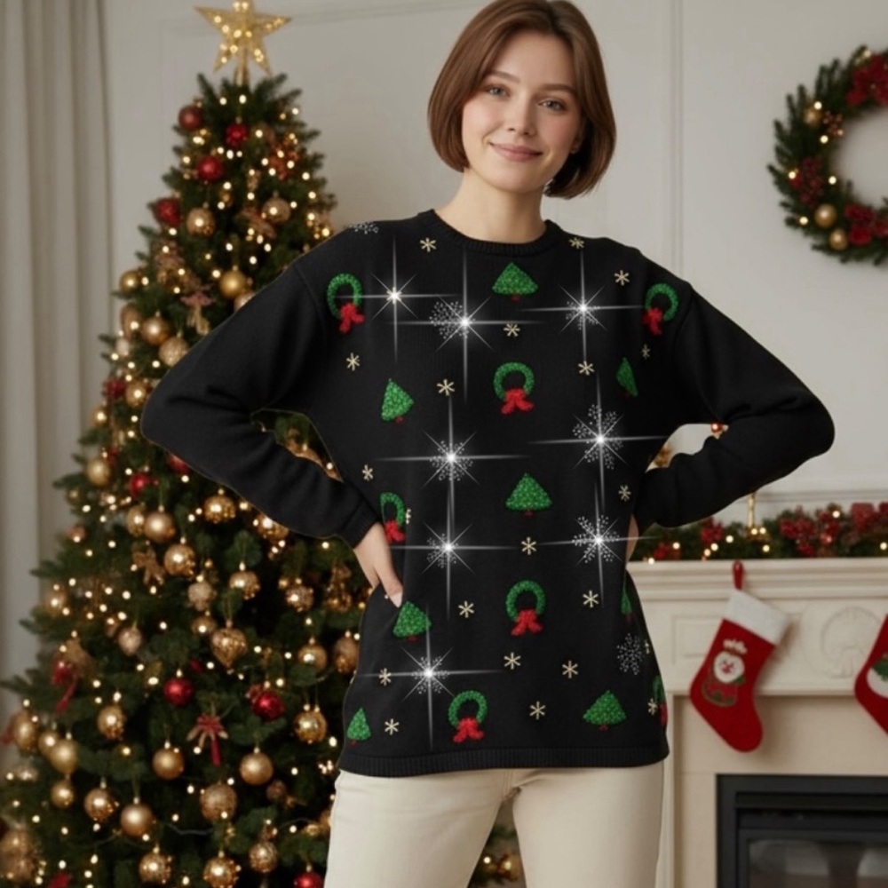 Blair Boutique Vtg Ugly Christmas Sweater Wreaths Trees Black Tunic Sz L